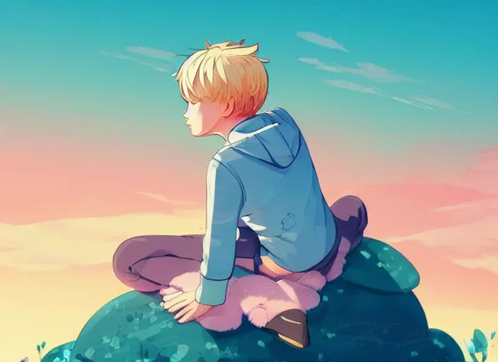 Image similar to a little boy with blonde hair sitting on a cloud in front of a pink and blue sunrise sky. clean cel shaded vector art. shutterstock. behance hd by lois van baarle, artgerm, helen huang, by makoto shinkai and ilya kuvshinov, rossdraws, illustration, art by ilya kuvshinov