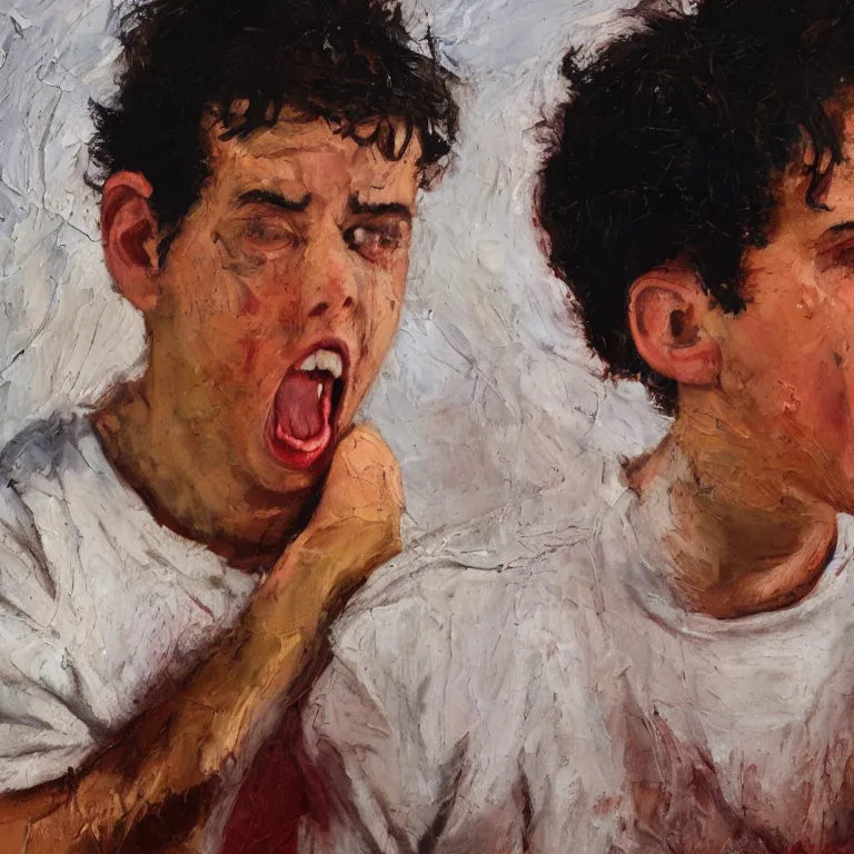 Image similar to warmly lit close up studio portrait of young angry! teenage Jerry Seinfeld angrily singing, impasto oil painting thick brushstrokes by Cy Twombly and Anselm Kiefer , trending on artstation dramatic lighting Expressionism