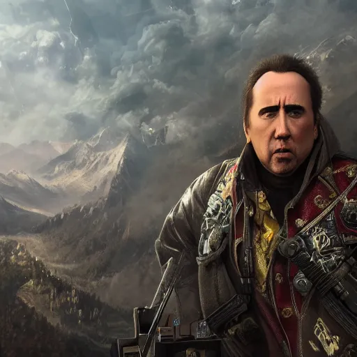 Image similar to Nicolas Cage, hypermaximalistic, high details, dramatic lighting, epic scenery, cinematic, 8k resolution, beautiful detailed, insanely intricate details, artstation trending, octane render, unreal engine,