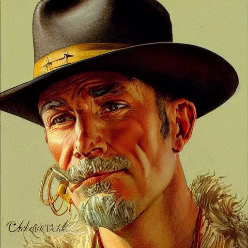 Image similar to portrait illustration of a man, cowboy hat, portrait, , wild west, fantasy, highly detailed, oil painting, illustration, art by Charles E. Chambers, J. C. Leyendecker and norman rockwell. Trending face portrait paintings