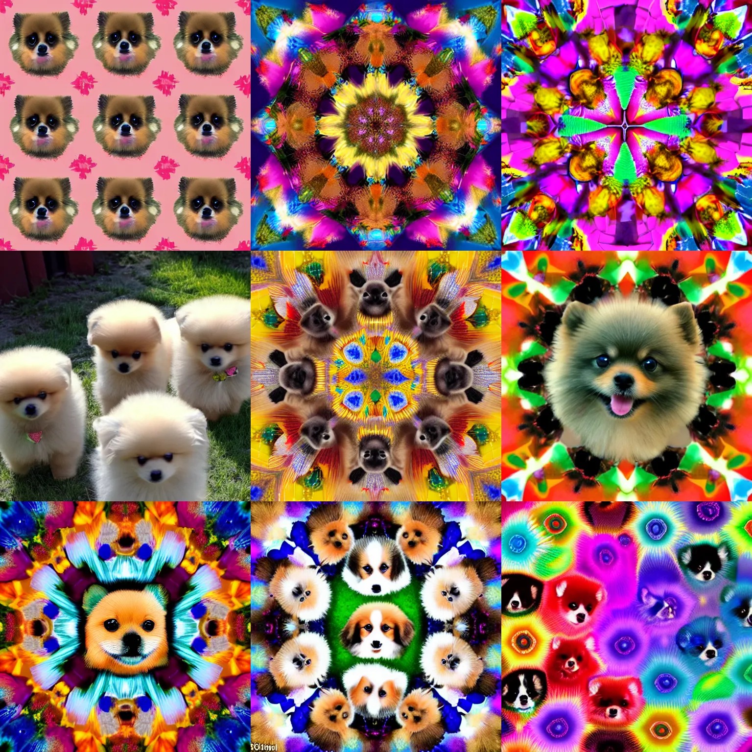 Prompt: kaleidoscope image of Pomeranian puppies