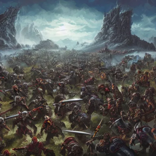 Image similar to wide landscape shot of warhammer orcs fighting pirate vampires, trending on artstartion