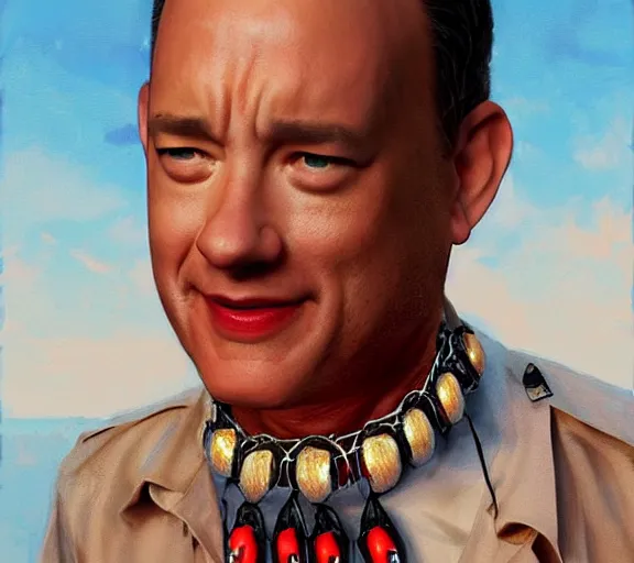 Image similar to Tom hanks as forrest gump wearing a necklace of shrimps around the neck, realistic face, digital art, in the style of Aleksi Briclot, amazing detail, artstation