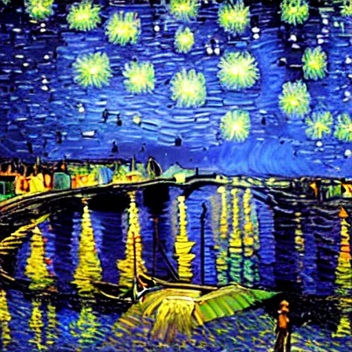 Prompt: a painting of a starry night over a city by vincent van gogh, featured on pixiv, post - impressionism, impressionism, painterly, detailed painting