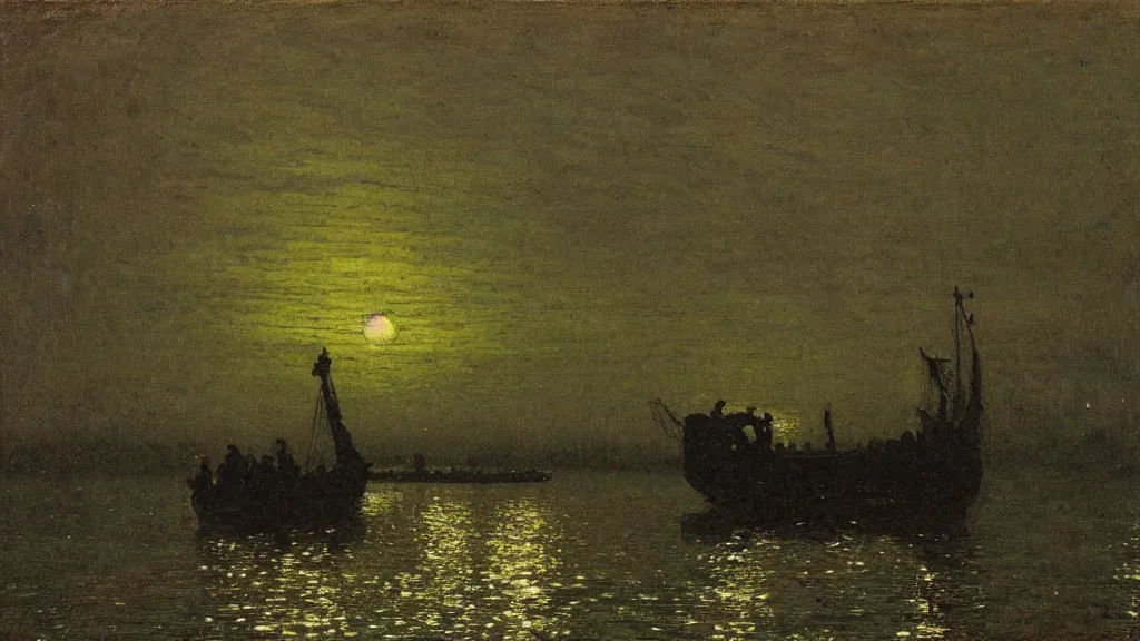 Image similar to an anglo - saxon funerary barge sailing in the middle of a lake, midnight, greenish moonlight, haunted, close up, in the style of john atkinson grimshaw, john william waterhouse, oil on canvas