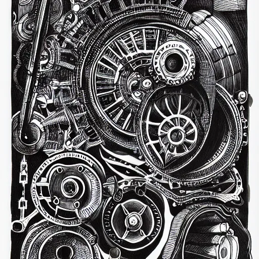 Prompt: miskatonic mechanical engine, black ink on paper, trending on artstation, beautiful, intricate, detailed