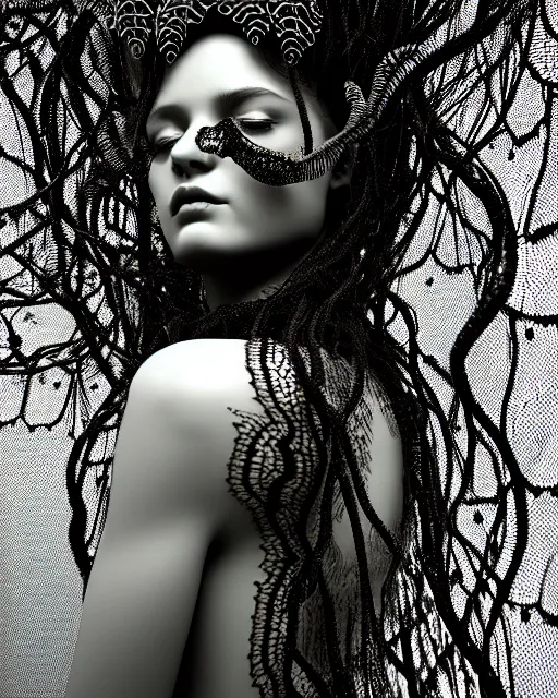 Image similar to surreal mythical dreamy artistic black and white fine art photo of a beautiful young female queen - medusa - cyborg covered with lace fish scales and translucent algae, highly detailed, intricate crystal ivy lace jelly fish scales ornate, poetic, octane render, 8 k, photo - realistic