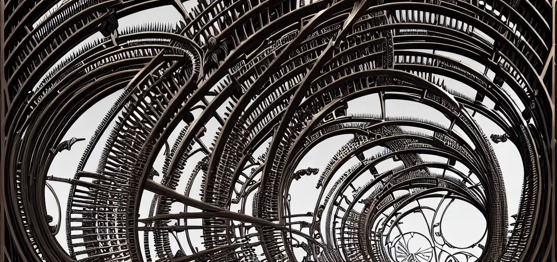 Image similar to a double helix dna cyberpunk steampunk carved archway, high details, lineart, by vincent di fate and joe fenton, inking, screen print, masterpiece, trending on artstation, sharp, high contrast, hyper - detailed, ultrawide, hd, 4 k, 8 k