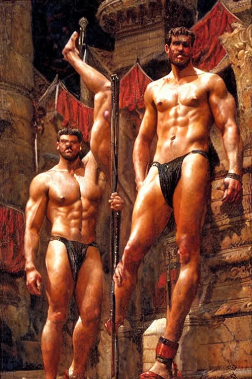 Prompt: muscular male gladiators, trojan baths painting by gaston bussiere, craig mullins, j. c. leyendecker, tom of finland
