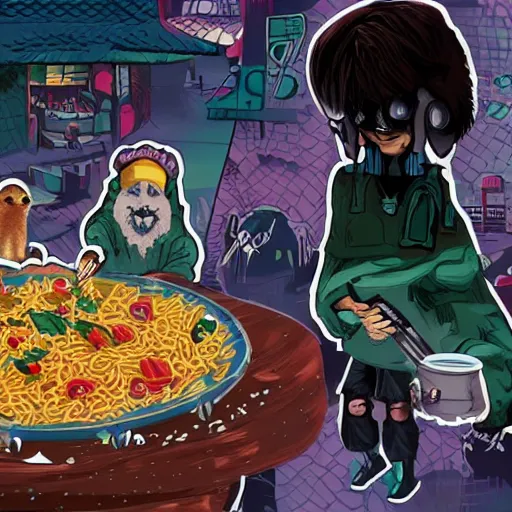 Image similar to a cyberpunk peasant eating valencian paella surrounded by adorable aliens and creepy otters on a football pitch