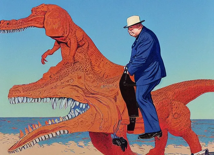 Prompt: Winston Churchill riding a T-Rex, painting by Jean Giraud and René Magritte and Gary Panter