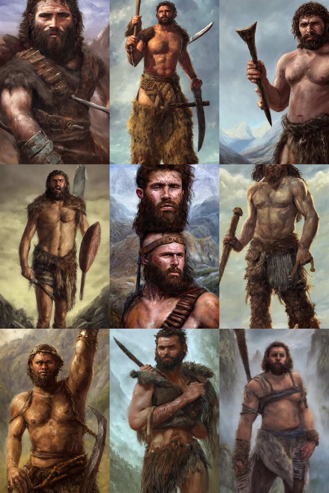 Prompt: a full body high detail fantasy portrait oil painting illustration of a single young rugged stoic barbarian man by Justin Sweet with face and body clearly visible, in a scenic background, rule of thirds, pupils visible, realistic proportions, d&d, rpg, forgotten realms, artstation trending, high quality, sombre mood, artstation trending, muted colours, no crop, entire person visible!, natural light, Adobe Photoshop, Adobe Lightroom, photolab, Affinity Photo,