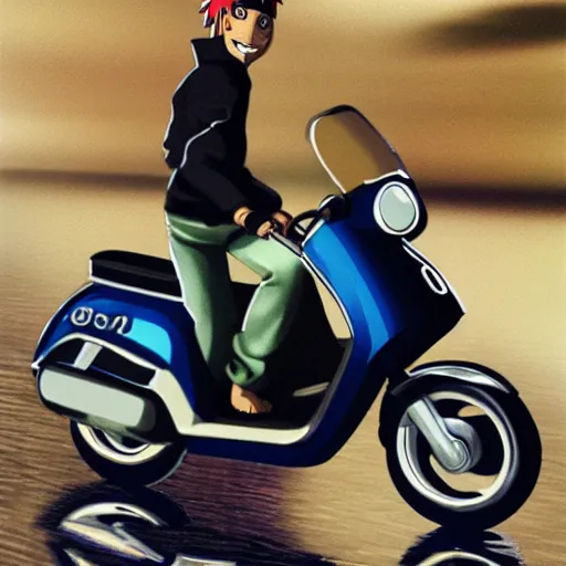 Prompt: Photorealistic photograph of Naruto smiling while driving a moped during a rainy night, 35mm photograph, realistic, heavy detail