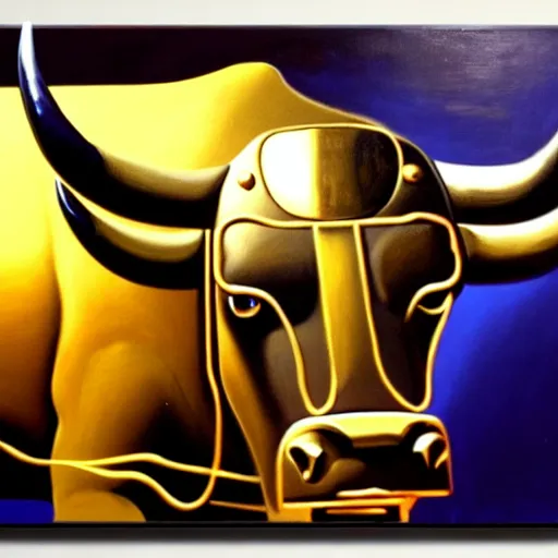 Prompt: a painting of a bull with a gold coin on its back, cyberpunk art by Salvador Dalí, featured on cg society, fantasy art, #myportfolio, official art, poster art