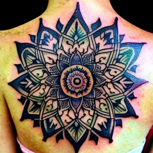 Image similar to photograph of a mandala tattoo depicting a monsters leaf