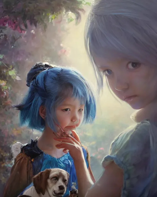 Prompt: a highly detailed oil painting of A little girl, in professional makeup, with medium length blue hair covering an eye, and a garden with dog, and large obsidian crystals, cinematic lighting, dramatic atmosphere, by Dustin Nguyen, Akihiko Yoshida, Greg Tocchini, Greg Rutkowski, Cliff Chiang, 4k resolution, trending on artstation