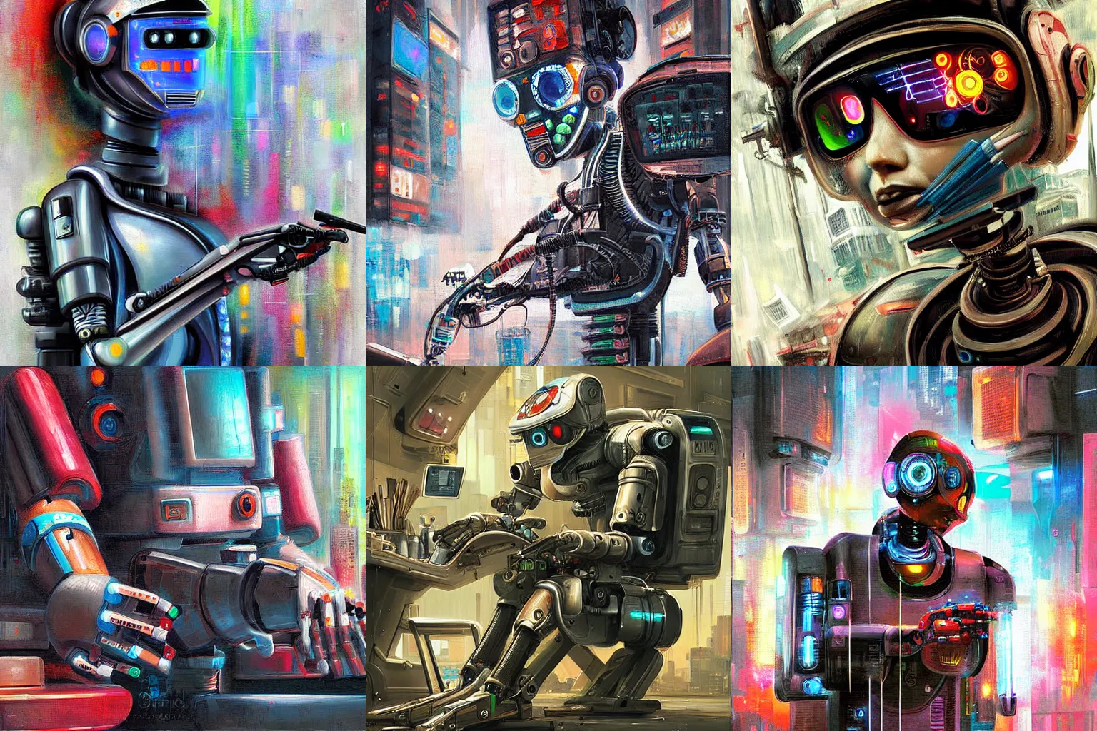 Prompt: very beautiful and detailed painting of a robot artist painting on a canvas, cyberpunk style digital art