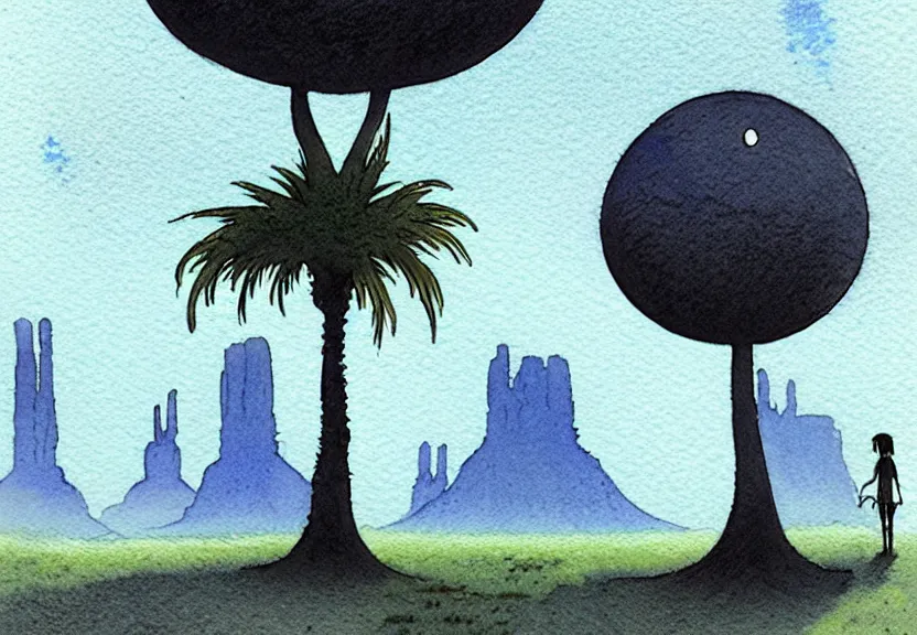 Prompt: a simple watercolor fantasy concept art of a dark grey boxy ufo next to a palm tree at night in monument valley. by studio ghibli, rebecca guay, michael kaluta, charles vess