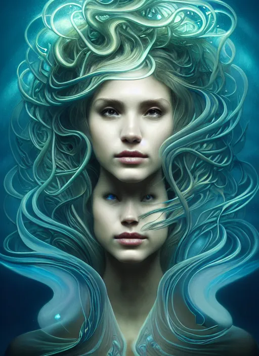 Image similar to an underwater photographic side portrait of an anthropomorphic bioluminescent liquid wave, dramatic murky volumetric lighting, fantasy, intricate, elegant, highly detailed, digital painting, artstation, concept art, smooth, sharp focus, illustration, art by artgerm and h r giger and alphonse mucha