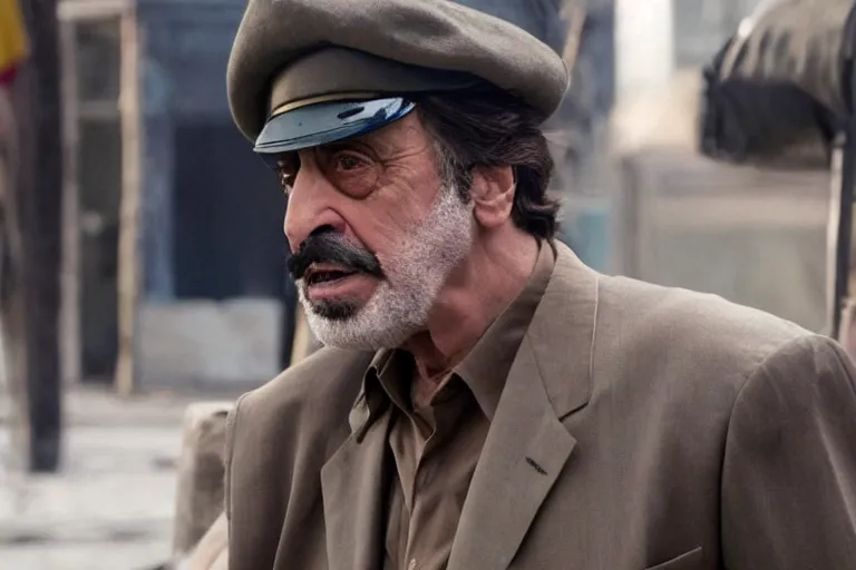 Image similar to Al Pacino as Saddam Hussein in 'SadDamn Hussling' (2023), movie still frame, promotional image, imax 70 mm footage, oscar nominated cinematography, volumetric lighting, 8k resolution