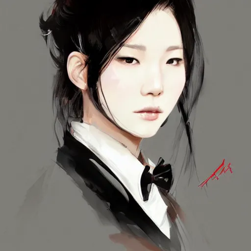 Image similar to portrait of a beautiful korean girl wearing a men's tuxedo, with bangs, very long hair and bangs, angular features, angry expression, dramatic lighting, illustration by Greg rutkowski, yoji shinkawa, 4k, digital art, concept art, trending on artstation