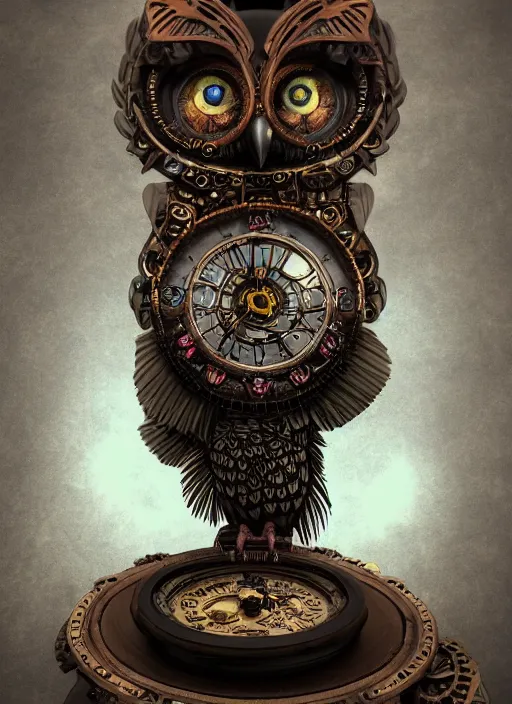 Image similar to steampunk aztec owl pocketwatch, intricate detail, volumetric lighting, epic composition, hyper detailed, ultra realistic, sharp focus, octane render, lava lamp, blue moon, volumetric, ray tracing, artstation trending, cgsociety, sense of awe, swirling mist, 4 k