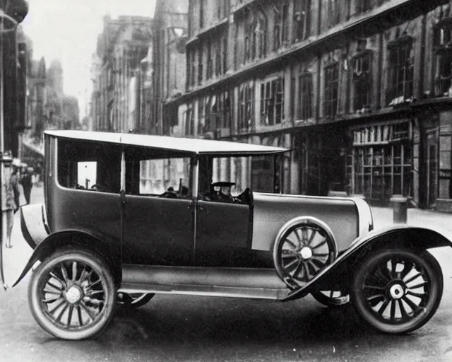 Image similar to 1 9 2 0 s photo of a person standing next to a tesla car