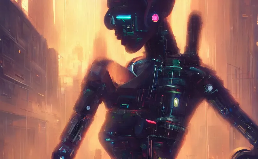 Image similar to a painting of a sensual robot in the city of dreams trending on artstation in the style of greg rutkowski, 8 0 s, cyberpunk, blade runner