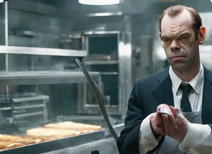 Image similar to film still of hugo weaving as agent smith working in a bakery in the new matrix movie, 4 k