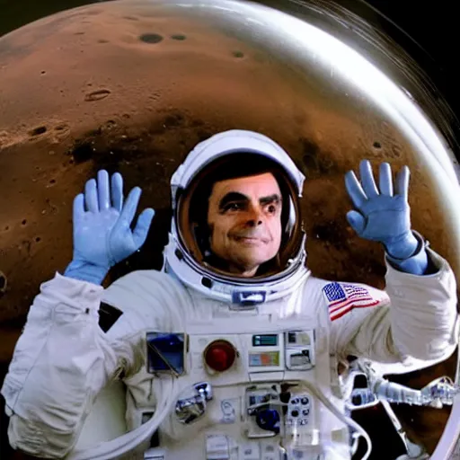 Prompt: perfect photo of carl sagan looking through visor of spacesuit, mars rover in background, detailed face