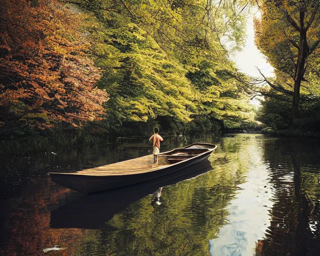 Image similar to one single short small wooden boat in a very narrow river, trees, shady, ripples, reflections. A boy and a girl are standing in the boat. Romantic. Sakura trees and green trees. By Makoto Shinkai, Stanley Artgerm Lau, WLOP, Rossdraws, James Jean, Andrei Riabovitchev, Marc Simonetti, krenz cushart, Sakimichan, trending on ArtStation, digital art.