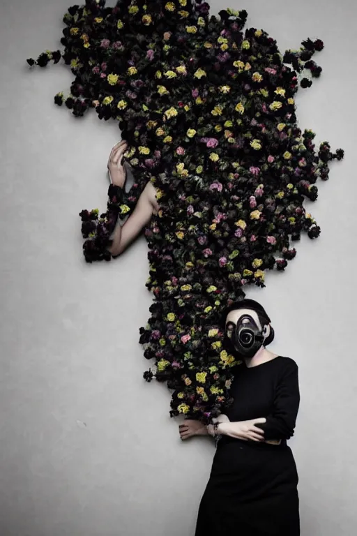 Image similar to a surreal portrait of a woman wearing gas mask blending into a wall of black flowers in the style of brooke didonato, editorial fashion photography from vogue magazine, full shot, nikon d 8 1 0, ƒ / 2. 5, focal length : 8 5. 0 mm, exposure time : 1 / 8 0 0, iso : 2 0 0