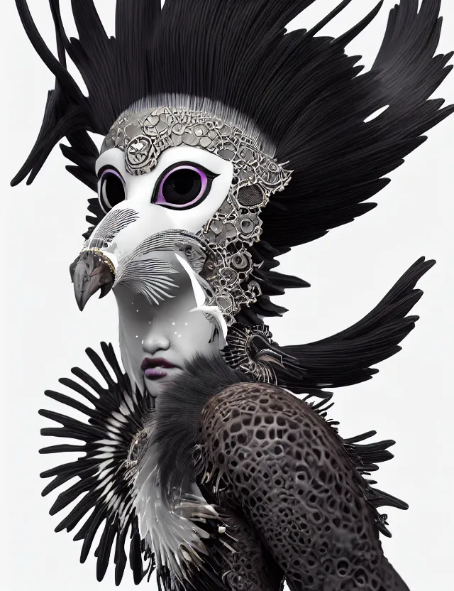 Image similar to 3 d goddess close - up profile simple portrait punk with mohawk with ram skull. beautiful intricately detailed japanese crow kitsune mask and clasical japanese kimono. betta fish, jellyfish phoenix, bio luminescent, plasma, ice, water, wind, creature, artwork by tooth wu and wlop and beeple and greg rutkowski