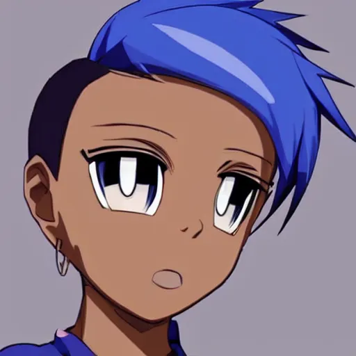 Image similar to a dark skinned anime tomboy with short spiky light blue hair