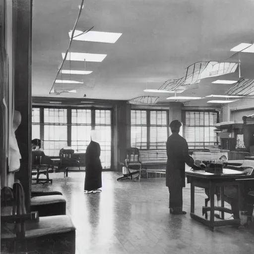 Image similar to an image of a civic hospital clinic, in a medium full shot, russian and japanese mix, high - key lighting, warm lighting, overcast flat midday sunlight, a vintage historical fantasy 1 9 1 5 photo from life magazine, professional cooperate, the new york times photojournalism.