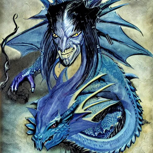 Image similar to half length portrait of a medieval d & d fantasy anthropomorphic blue dragon, comic book cover art by dave mckean