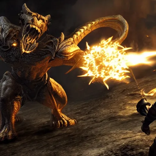 Prompt: Dragonborn fighting a huge balrog in Skyrim