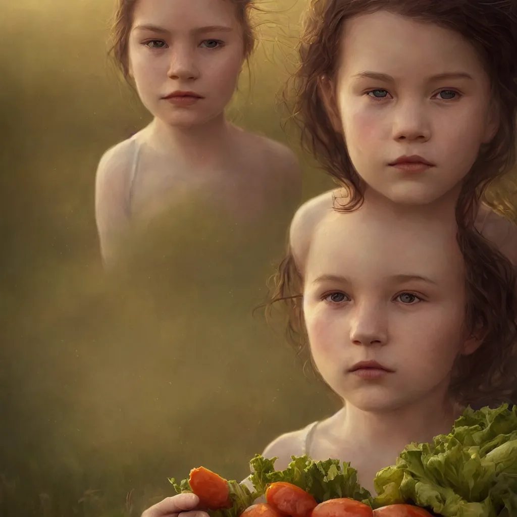 Image similar to Beautiful aesthetically pleasing single female child portrait, face centered portrait, ((only one face)) Confident holding vegetables, lush farm lands, fog, volumetric lighting beautiful, golden hour, sharp focus, ultra detailed, conceptartworld by Leesha Hannigan, Ross Tran, Thierry Doizon, Kai Carpenter, Ignacio Fernández Ríos