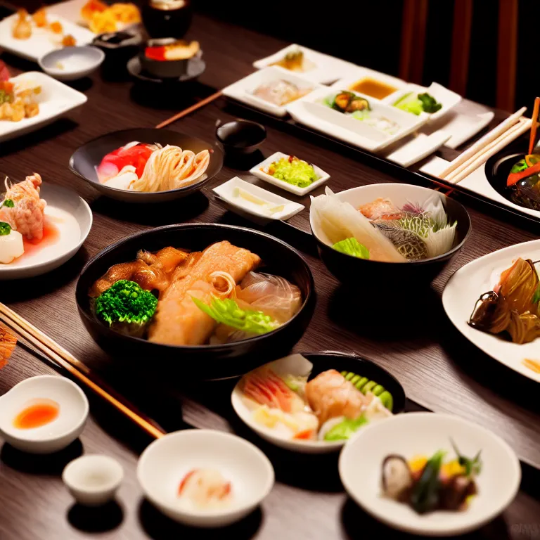 Prompt: close - up focused dslr photograph of an japanese dinner, 8 k, high detail, volumetric lighting, hyperrealism, aesthetically pleasing, studio lighting, trending