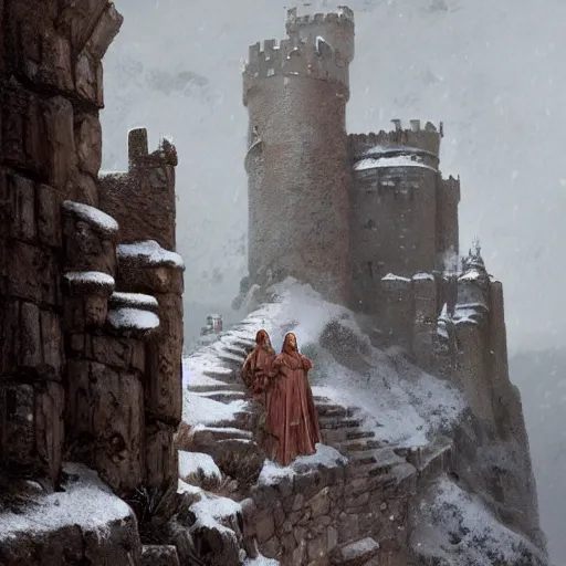 Prompt: A medieval castle on a cliff in the snow, 2 big stone statues at the entrance of the castle, fantasy, highly detailed, digital painting, artstation, concept art, illustration, art by Greg Rutkowski and Marc Simonetti