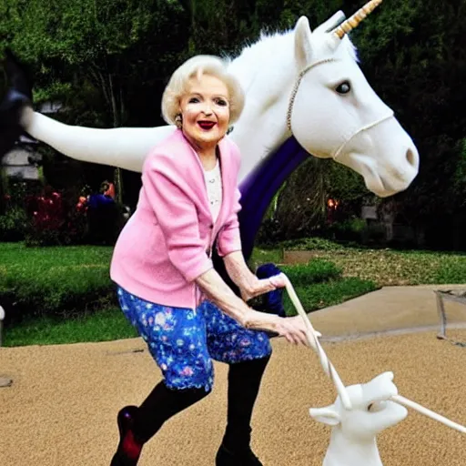 Image similar to betty white riding a unicorn