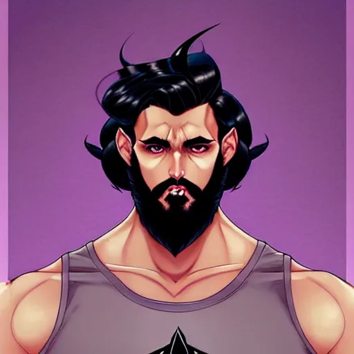 Image similar to a chad with wavy black hair and a beard. muscular. godlike. tank top. using a computer, comic cover art, artgerm, joshua middleton, pretty stella maeve witch doing black magic, serious look, purple dress, symmetrical eyes, symmetrical face, long black hair, full body, twisted evil dark forest in the background, cool colors