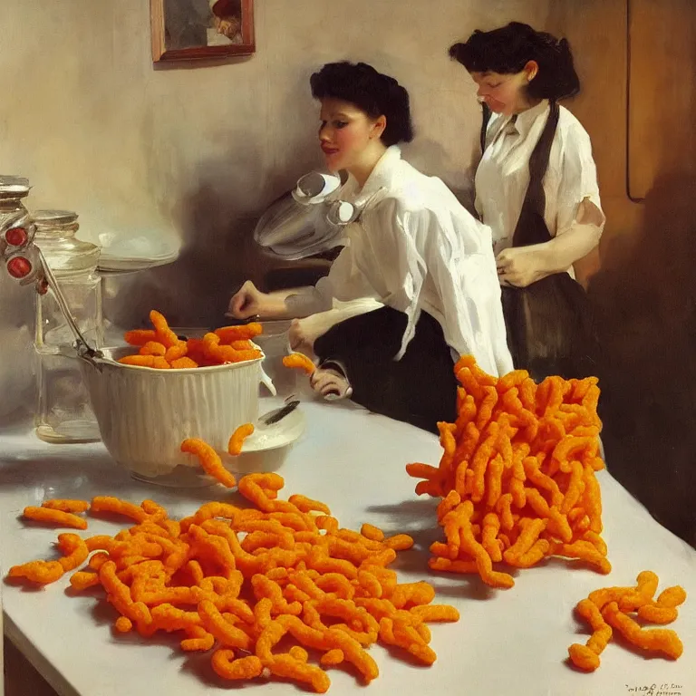 Prompt: Cheetos in a plastic bag on the counter of a 1950s suburban kitchen, oil painting by John Singer Sargent and Maxfield Parrish shocking detail hyperrealistic studio lighting