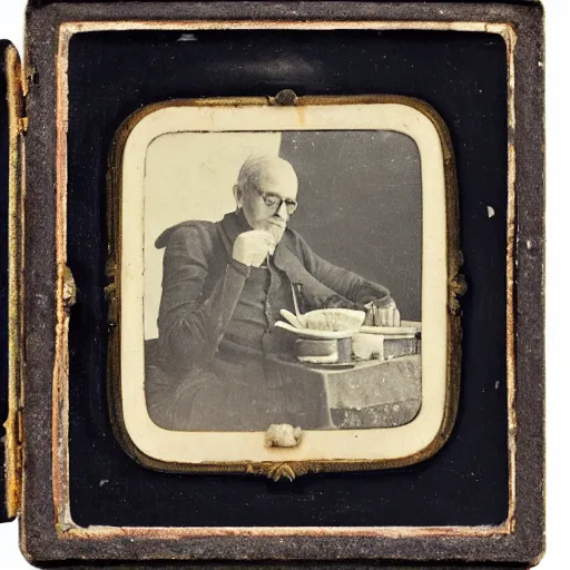 Image similar to a daguerreotypist of a old guy having a lunch