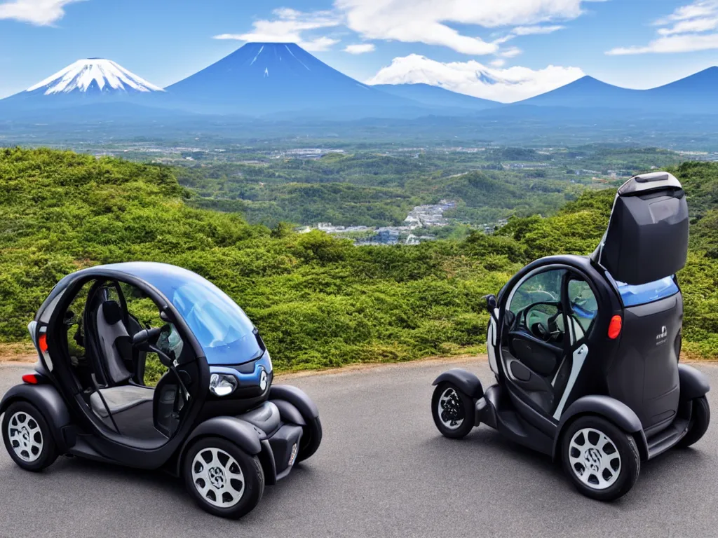 Image similar to Renault Twizy parked at a scenic viewpoint with mount Fuji in the background, manga visual