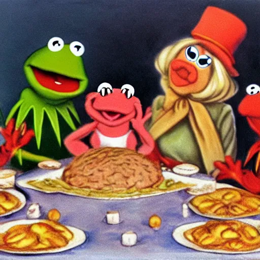 Prompt: kermit the frog, miss piggy, animal, gonzo and the cookie monster eating thanksgiving dinner in the style of soviet realism