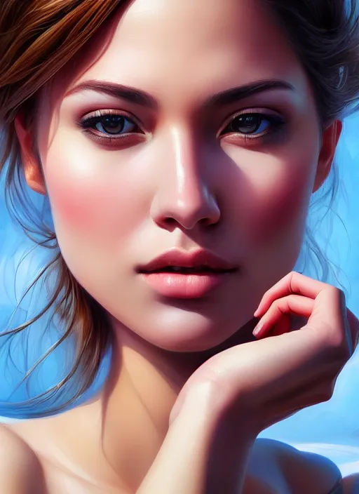 Image similar to photo of a gorgeous young woman in the style of stefan kostic, realistic, sharp focus, 8 k high definition, insanely detailed, intricate, elegant, art by stanley lau and artgerm