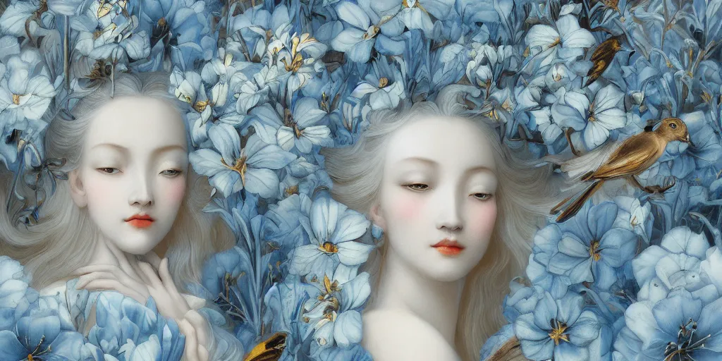 Image similar to breathtaking detailed concept art painting art deco pattern of blonde faces goddesses amalmation light - blue flowers with anxious piercing eyes and blend of flowers and birds, by hsiao - ron cheng and john james audubon, bizarre compositions, exquisite detail, extremely moody lighting, 8 k