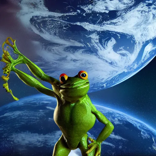 Image similar to a muscular frog holding planet earth over its head, octane render, cinematic rendering, 8 k, octane, digital art