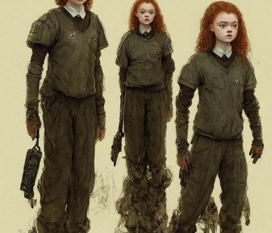 Image similar to sadie sink dressed in oversized school uniform : costume concept for a scifi cyberpunk film. by greg rutkowski, greg staples, elsa beskow, gustave courbet, rosa bonheur. sharp focus, cinematic atmosphere, detailed and intricate, perfect anatomy